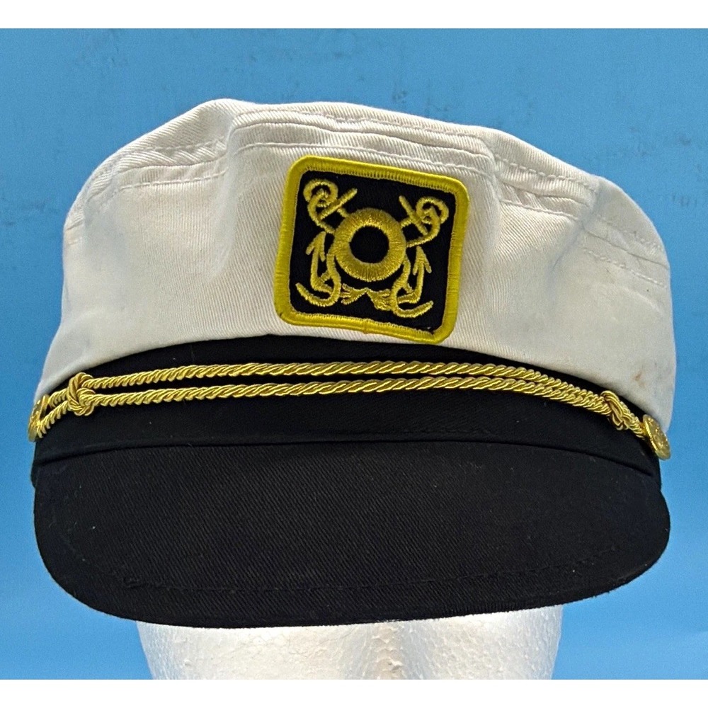 PAG Nautical Mariner's Cap Captain Hat White Black Gold Anchor Patch Adjustable